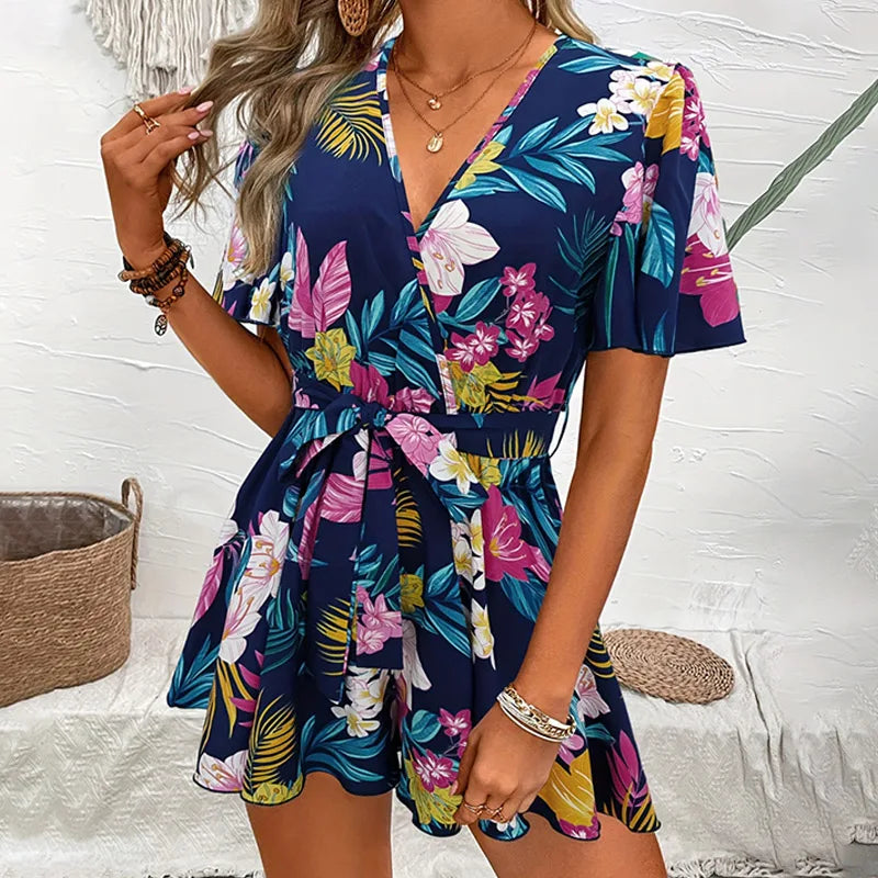 Bohemian Floral Print Short Jumpsuits For Women Summer Short Sleeve Wide Legs One Pieces  Elegant 2024 Beach Wear Casual Outfit