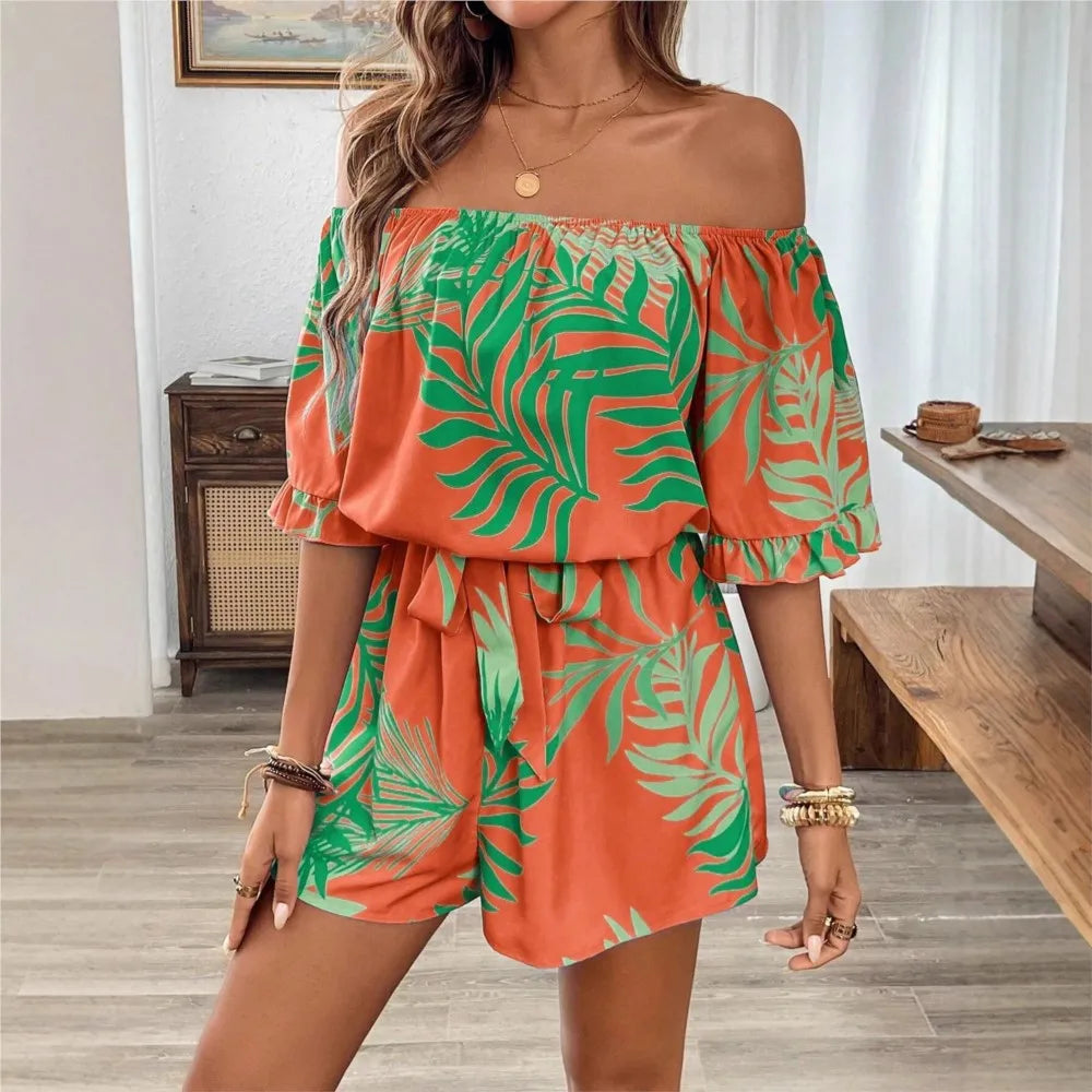 One-Shoulder Printed Short-Sleeve Lace-Up Waist Jumpsuit for Women