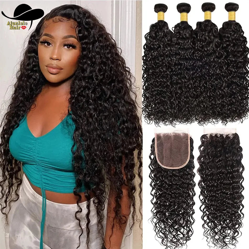 Water Wave Human Hair Bundles With Lace Closure for Women