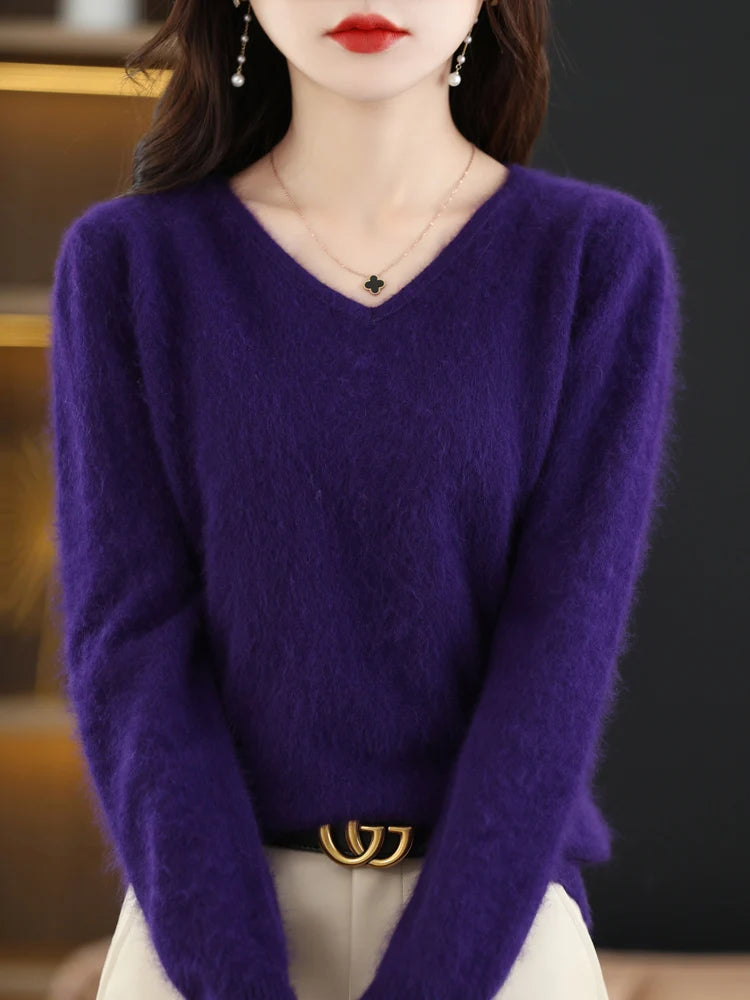 Soft Warm Loose Fit V Neck Cashmere Sweater for Women