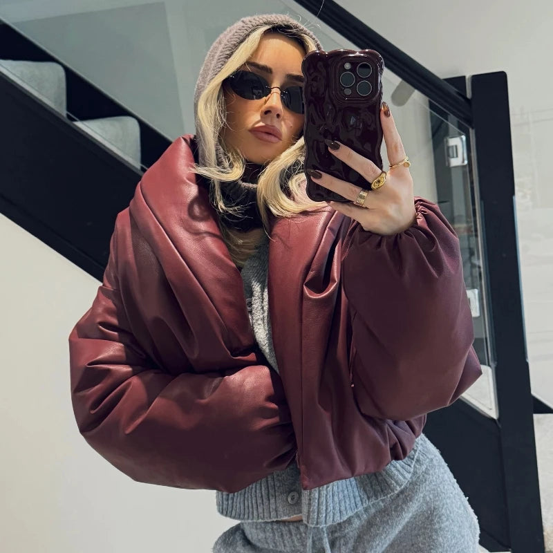 PU Leather Women's Cotton Coat Vintage Laple Full Sleeve Thicken Pockets Female Parka Jackets 2025 Autumn Winter Lady Streetwear