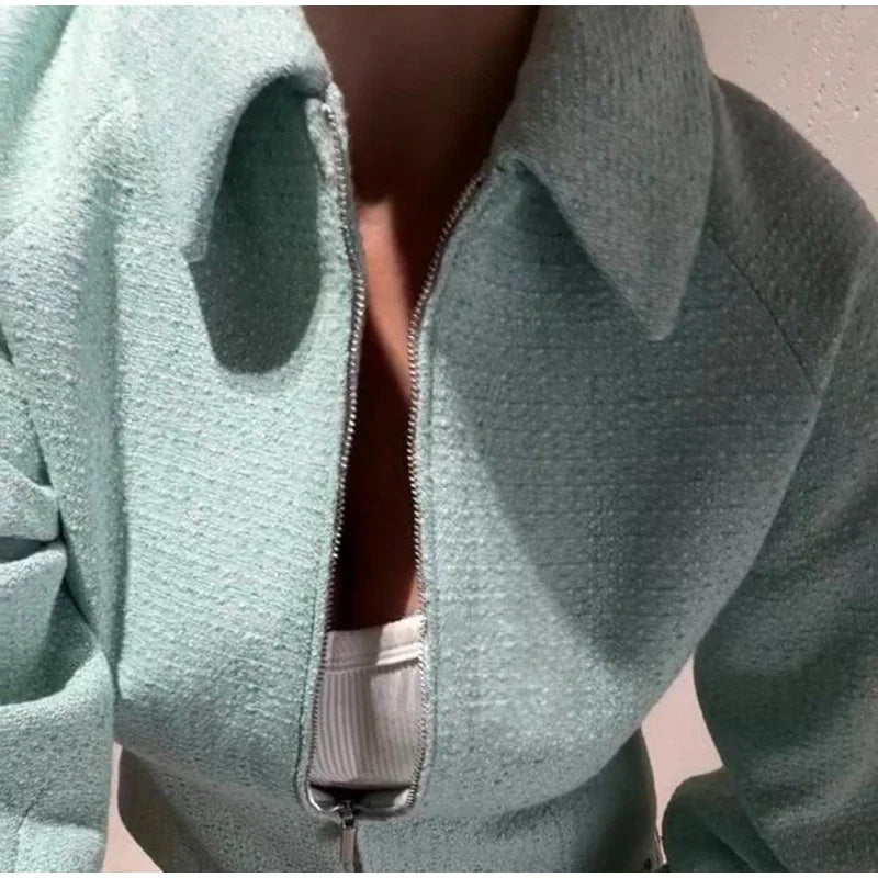 Chic Slim Fit Lapel Zipper Casual Short Coat for Women