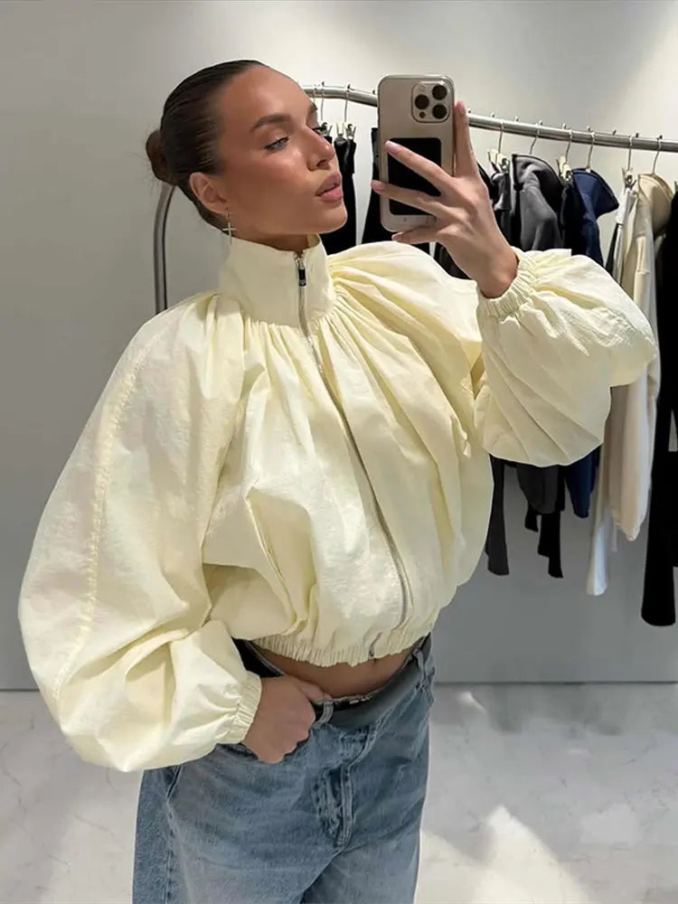 Zip Up High Neck Puff Sleeve Cropped Jacket For Women