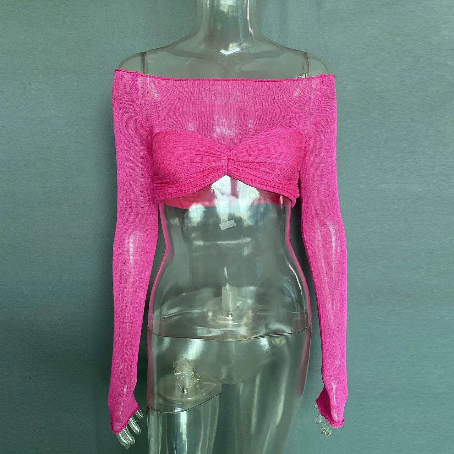 Cryptographic Elegant Front Ruched Cropped Top for Women Fashion Long Sleeve Off Shoulder Sexy Backless Sheer Knit Mini Top Slim