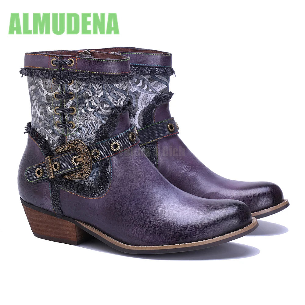 Vintage Western Short Boots With Square Heel And Belt Buckle For Women