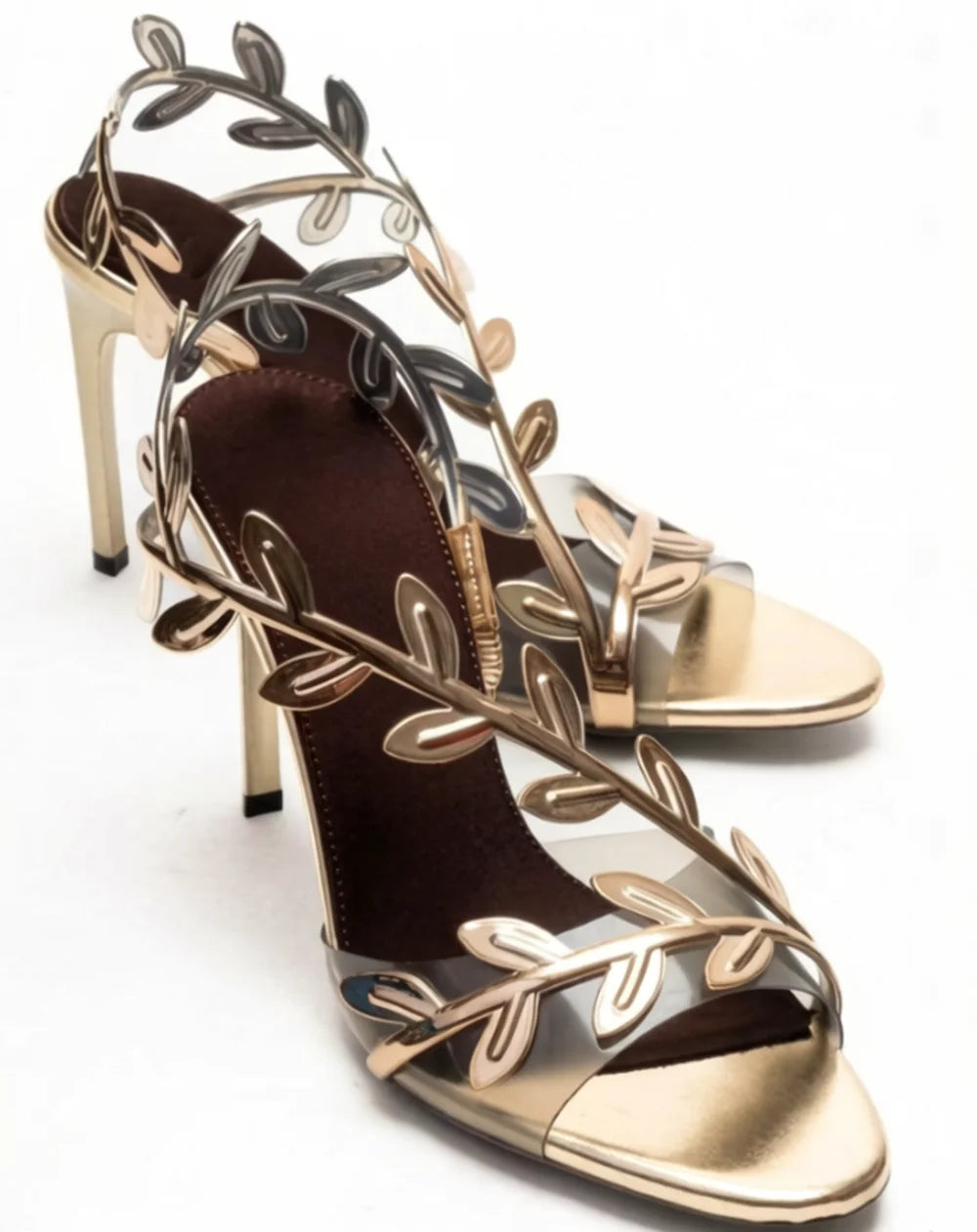 Metallic Leaf Cutout Stiletto Sandals