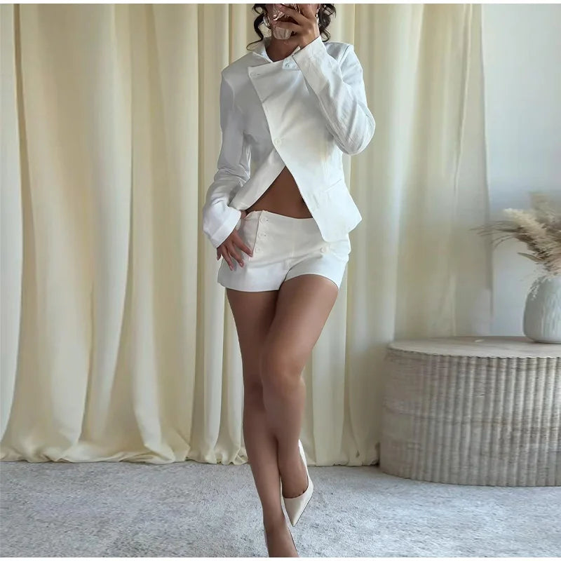 Casual Stand Collar Jacket and Shorts Set for Women