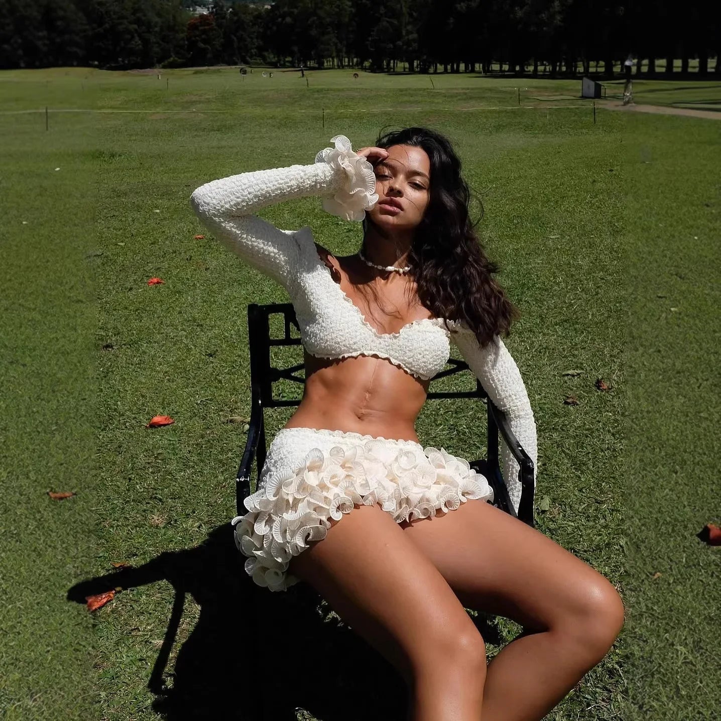 Cream Textured Vacation Off-Shoulder Two-Piece Set for Women