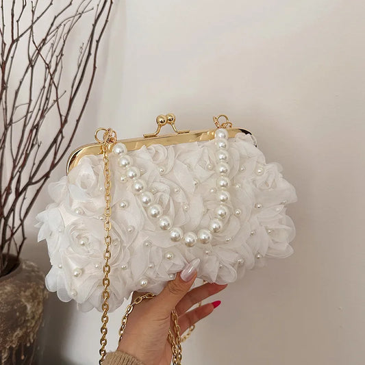 Pearl Floral Chain Evening Crossbody Bag