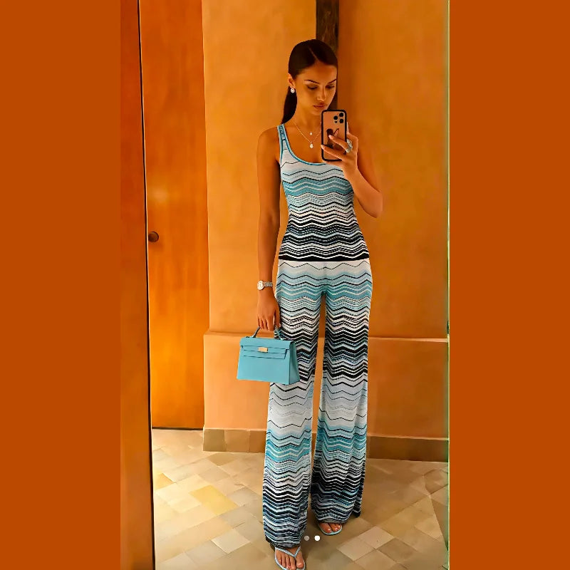 Blue Chevron Knit Sleeveless Top and Wide Leg Pants Set for Women