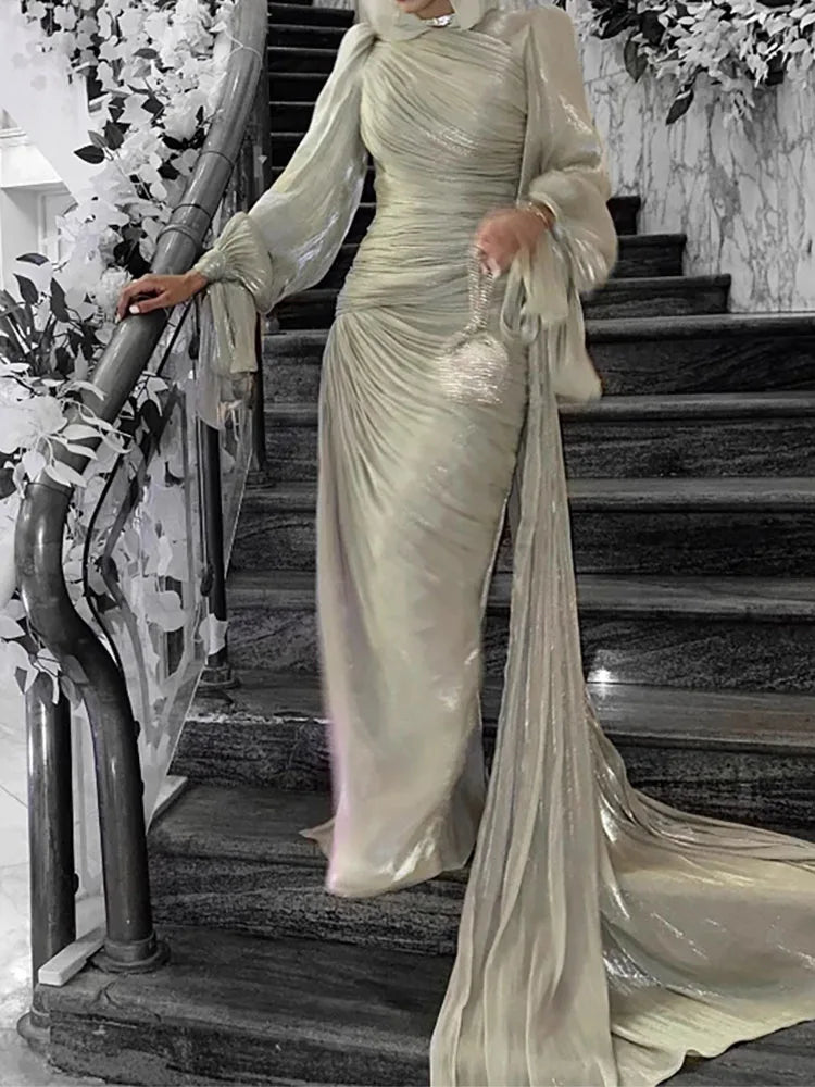 Lantern Sleeve Pleated Maxi With Lace Up O Neck Dress for Women