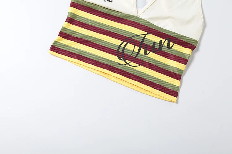 Patchwork Stripe V Neck Backless Tank Top for Women