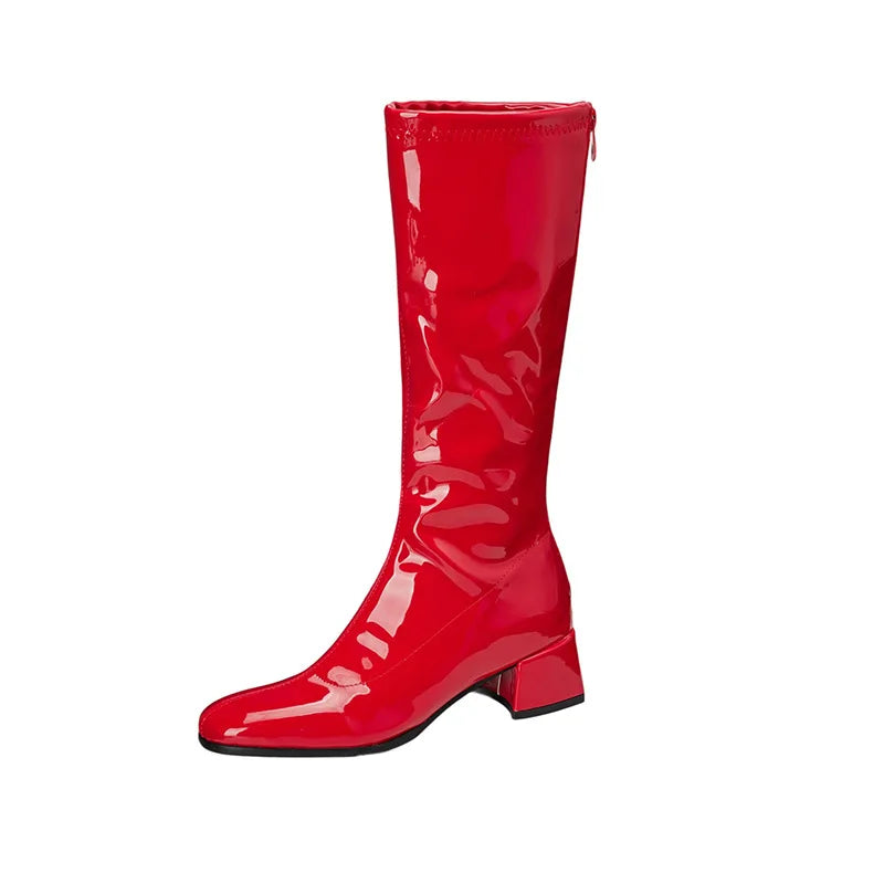 Red Patent Leather Square Toe Knee-High Boots for Women