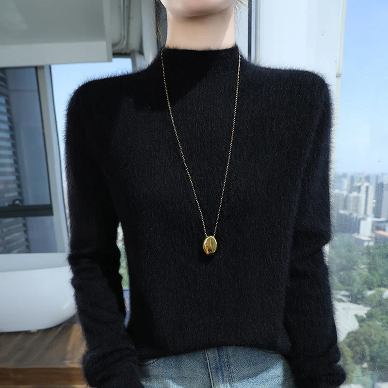 Loose Cashmere Knit Half High Neck Pullover Sweater for Women