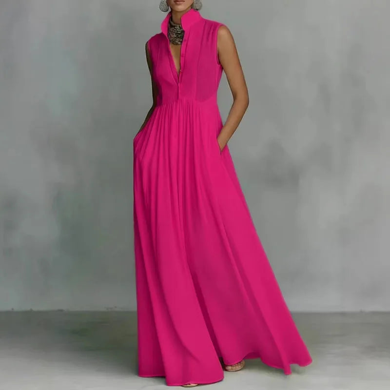 Bohemian Stand Collar Button Maxi Shirt Dress for Women