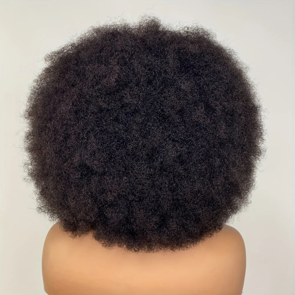 Newmi Hair Fluffy Kinky Curly Human Hair Wig With Thick Bangs 180% Density Glueless Brazilian Virgin None Lace Wig Natural Color