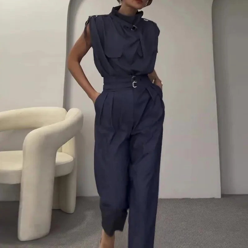 Sleeveless Turtleneck Simple Matching Set, Women Summer Cargo Pants Fashion Outfit, Solid Patchwork Chic Ladies Suits Streetwear