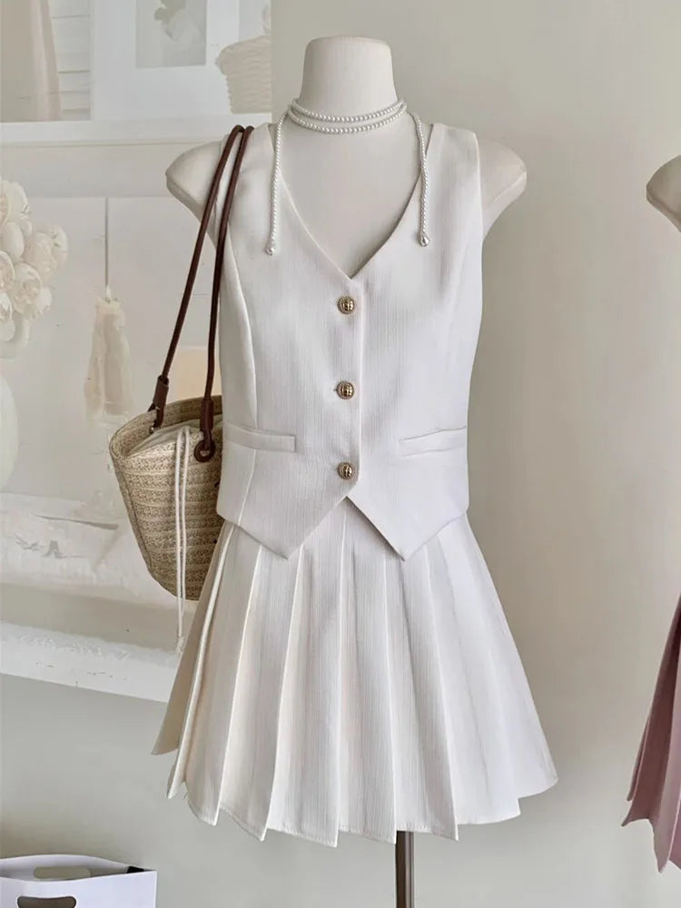 Elegant High Waist Pleated Skirt And Vest Set For Women