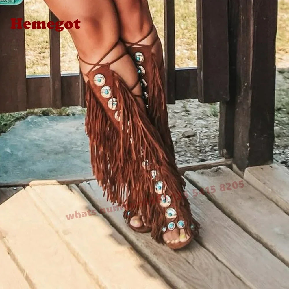 Gemstone Tassel Lace Up Open Toe Sandals for Women