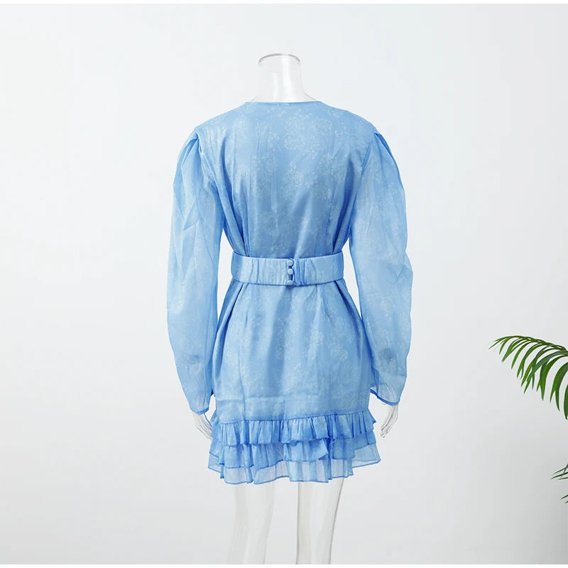 Floral Print Deep V Neck Ruffle Hem Mini Dress for Women