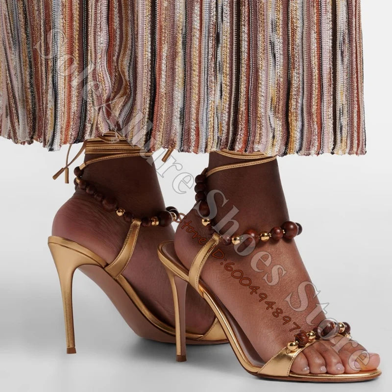 Metallic Gold Open Toe Lace Up Wood Bead Stiletto Sandals for Women