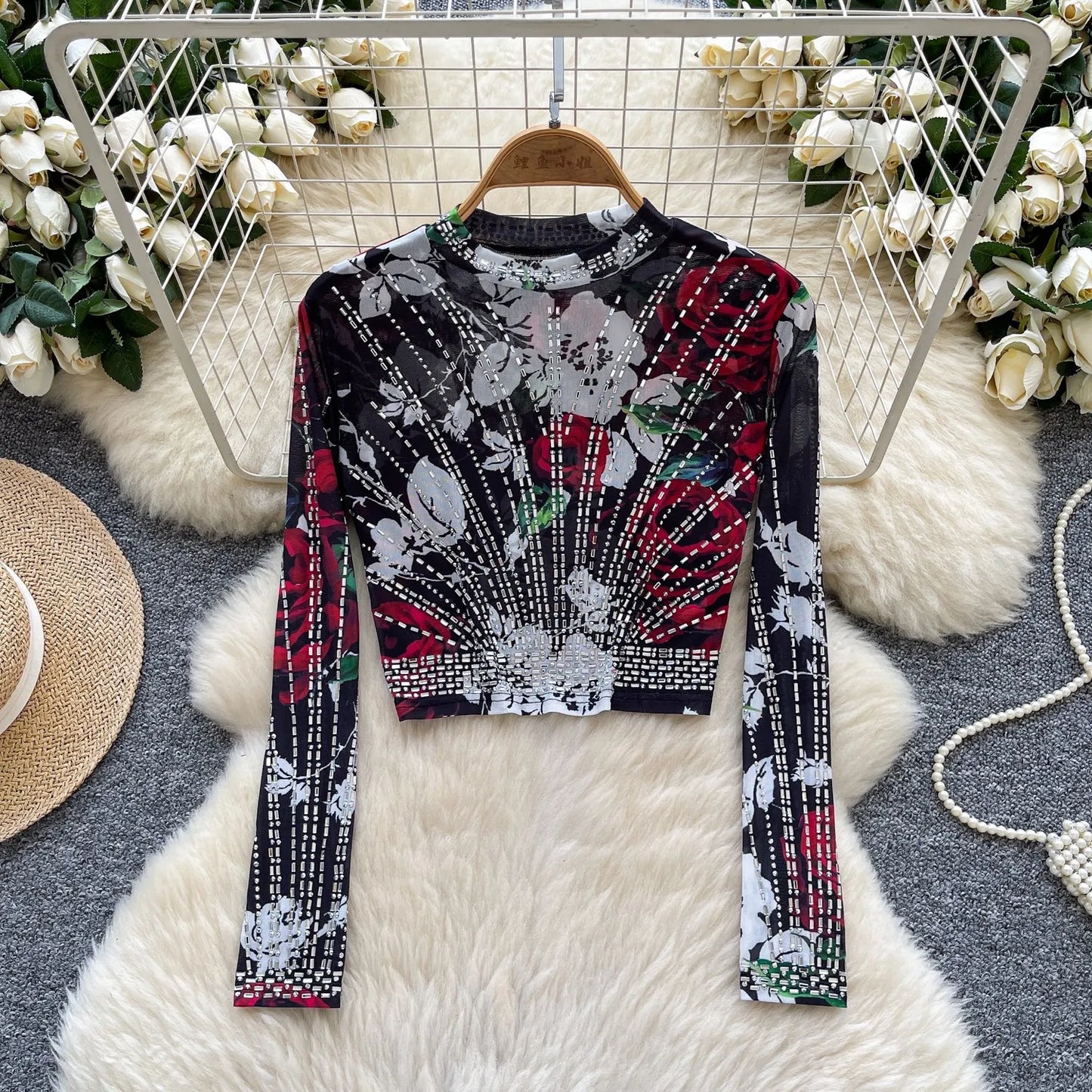 Leopard Print Rhinestone Mesh Long Sleeve Crop Top for Women