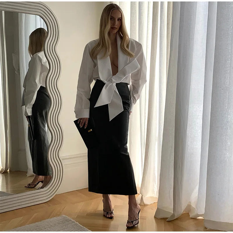 Elegant Bow Detail Pleated Long Sleeve V Neck Blouse for Women