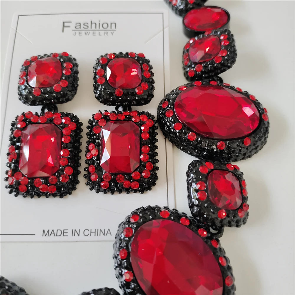 Red Crystal Statement Necklace and Earrings Set for Women