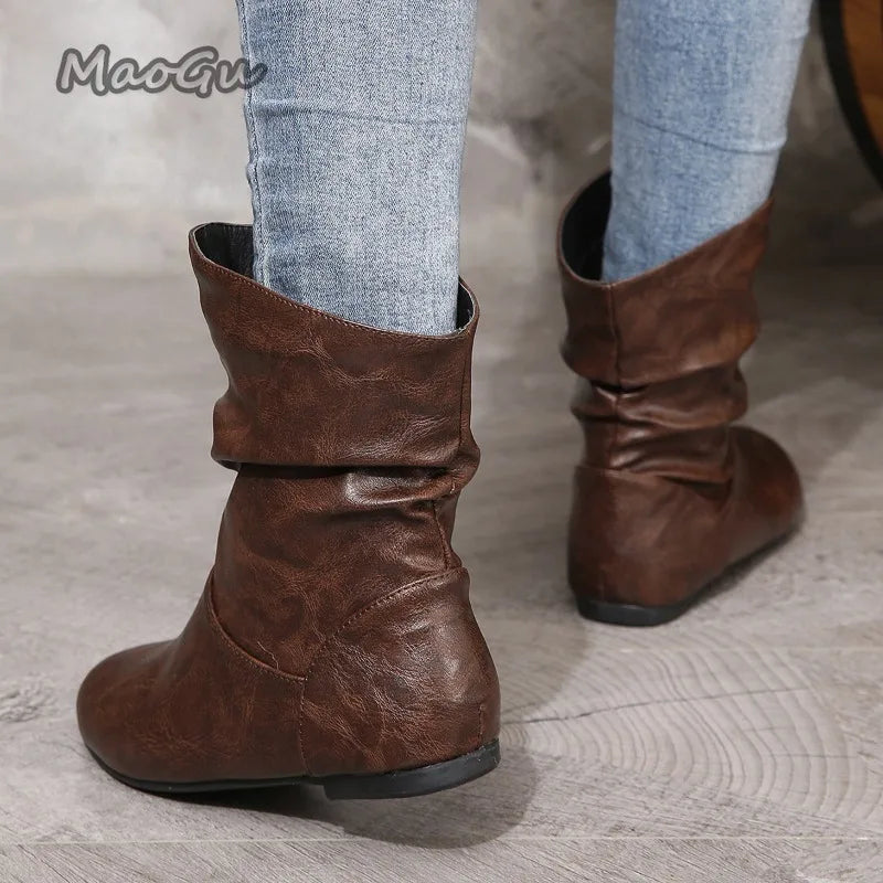 Modern Pleated Leather Square Heel Boots For Women