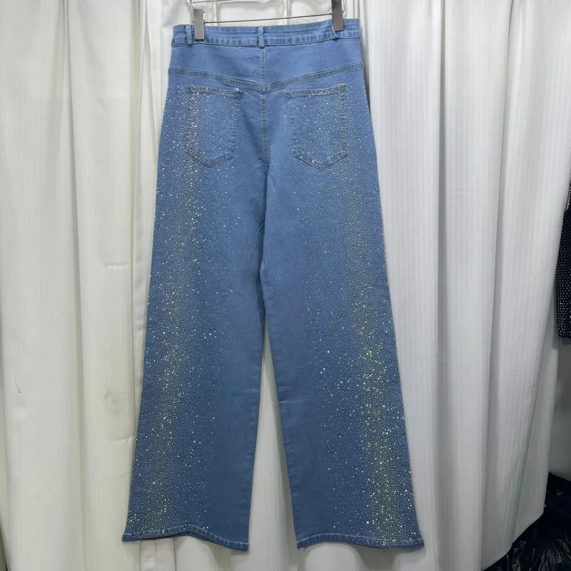ANJY Autumn New Women's 2 Pieces Set Fashion Full Diamonds Short Sleeve Denim Shirt Elegant Fresh Straight Chic Ins Jeans A15818