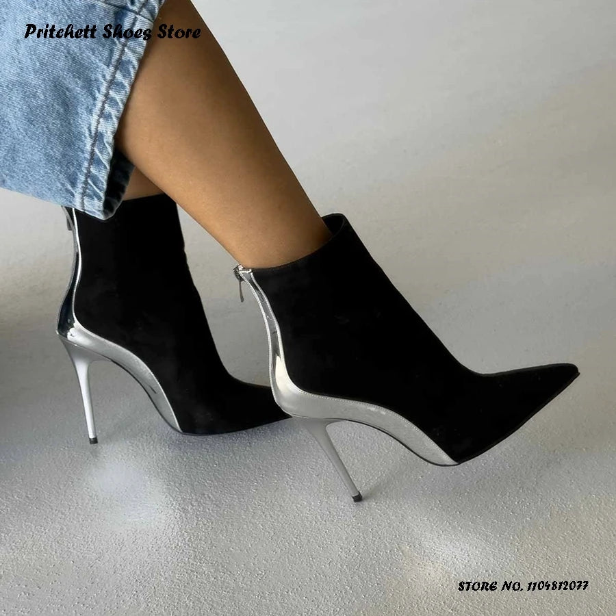 Patchwork Leather Trimmed Pointed Toe Ankle Boots for Women