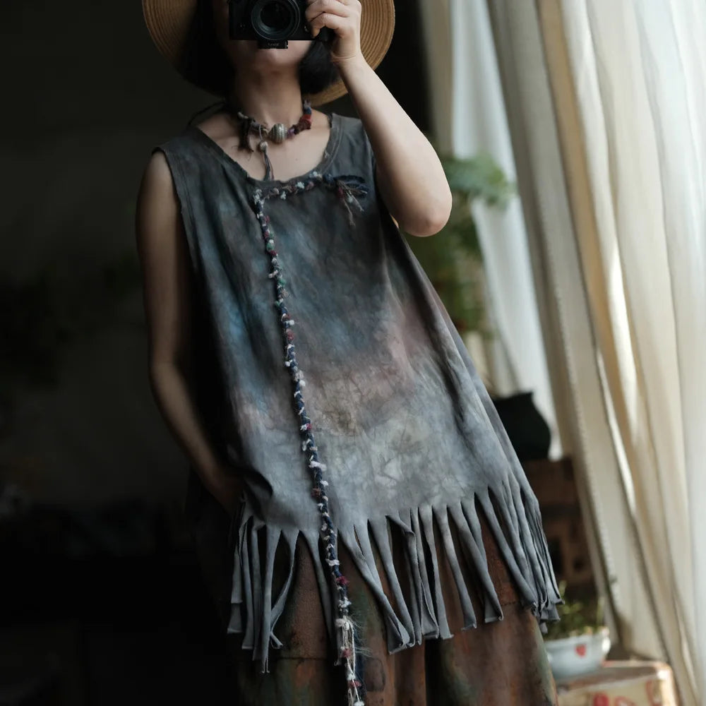 Casual Loose Fit Print Tassels Tank Top Cotton for Women
