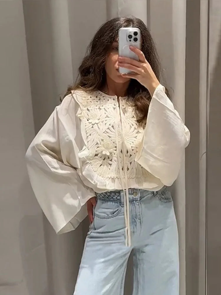 Floral Hollow Embroidery Mini Skirt Sets Women 2 Pieces Flare Sleeved Women Suit Casual Two Piece Set Summer Women Outfit