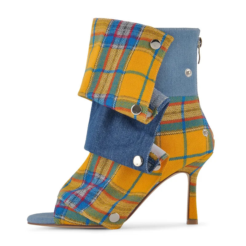 Pleated Plaid Ruched Peep Toe Ankle Boots for Women
