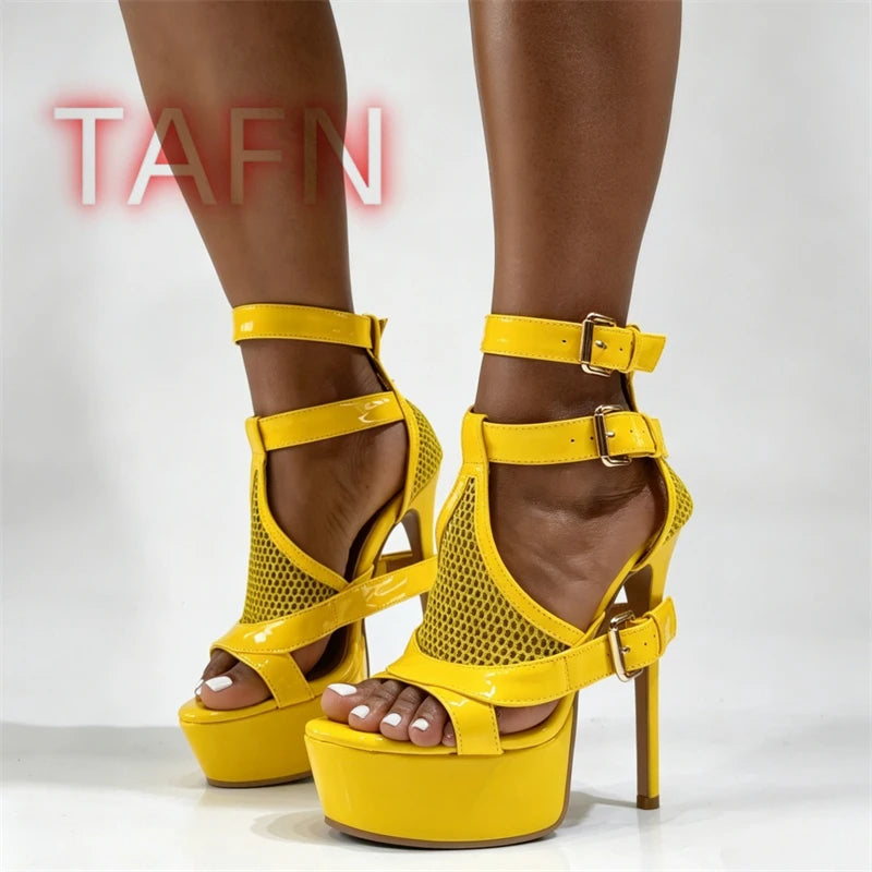 Mesh Buckle Strap Stiletto Platform Sandals for Women