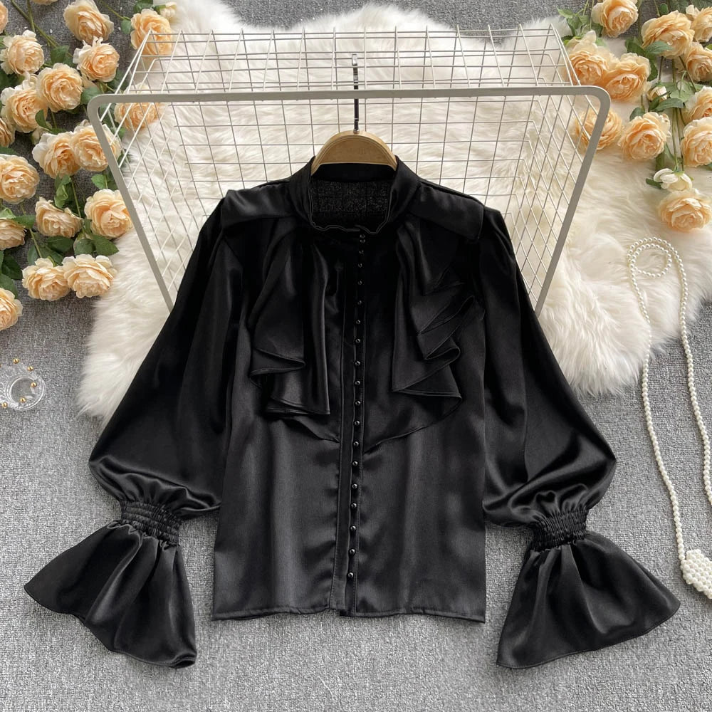 Elegant Satin Ruffle Long Sleeve Blouse for Women