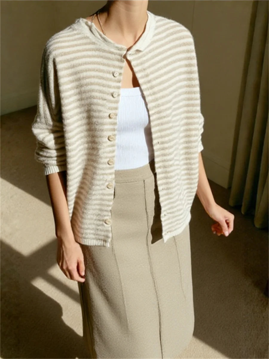 Striped Button Front Knit Cardigan Sweater for Women