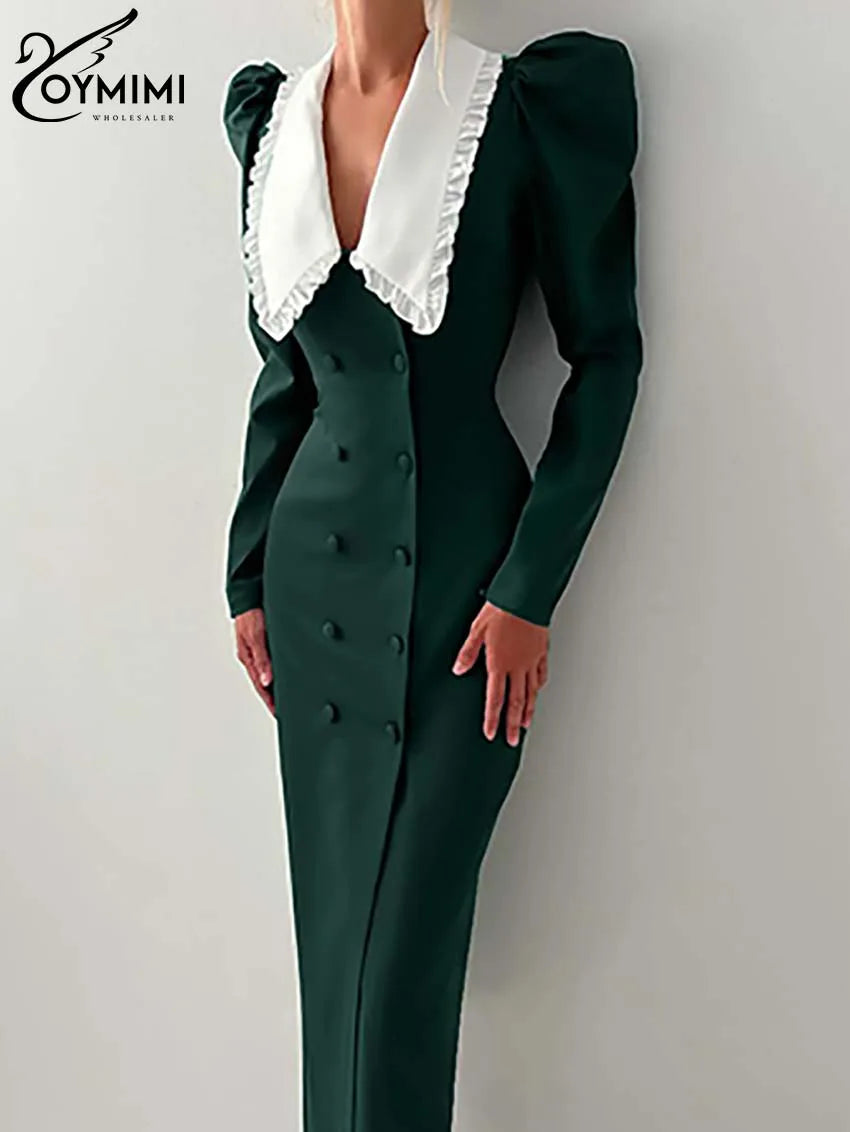 Oymimi Fashion Green Patchwork Womens Dresses Elegant Peter Pan Collar Long Sleeve Dresses Casual Slim Double Breasted Dress