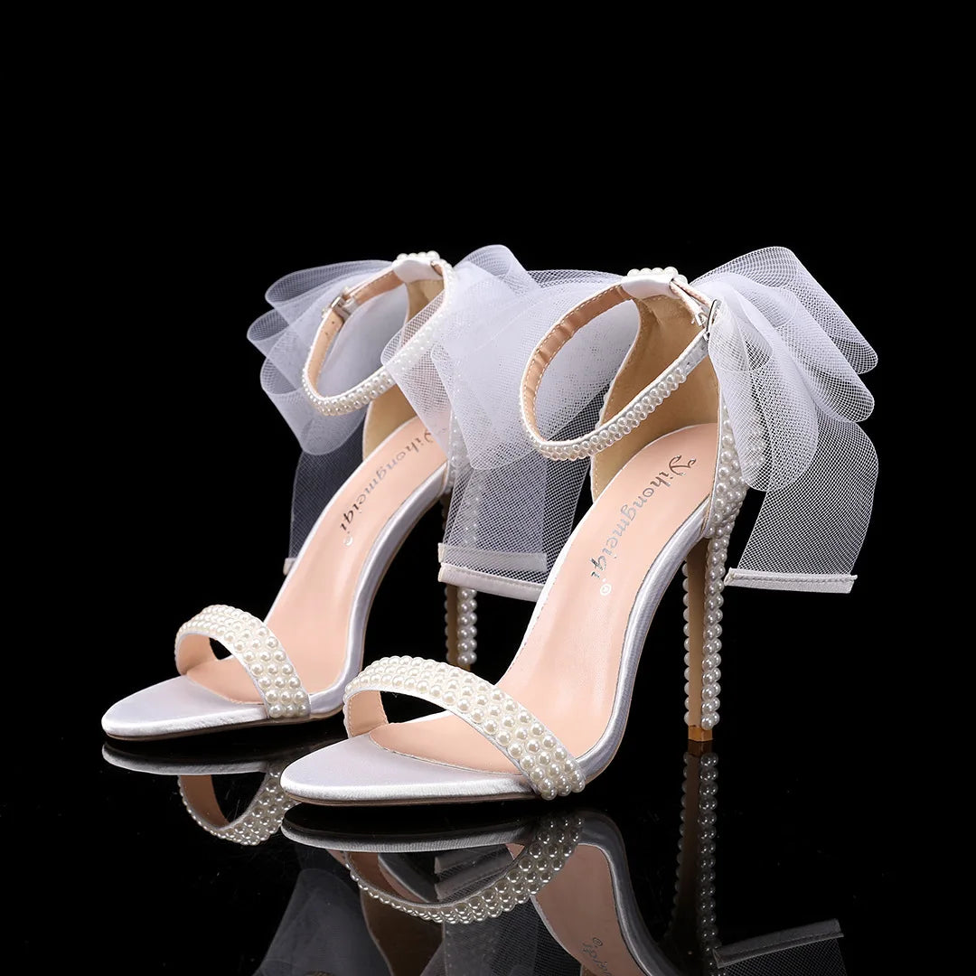Elegant Pearl Beaded Mesh Bowknot Sandals for Women