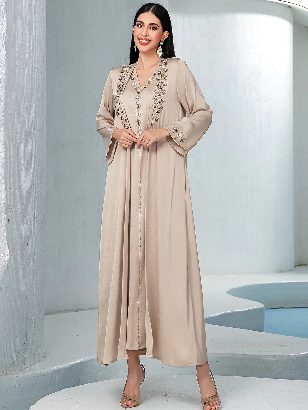 Diamond Embellished Two Piece Abaya Set for Women