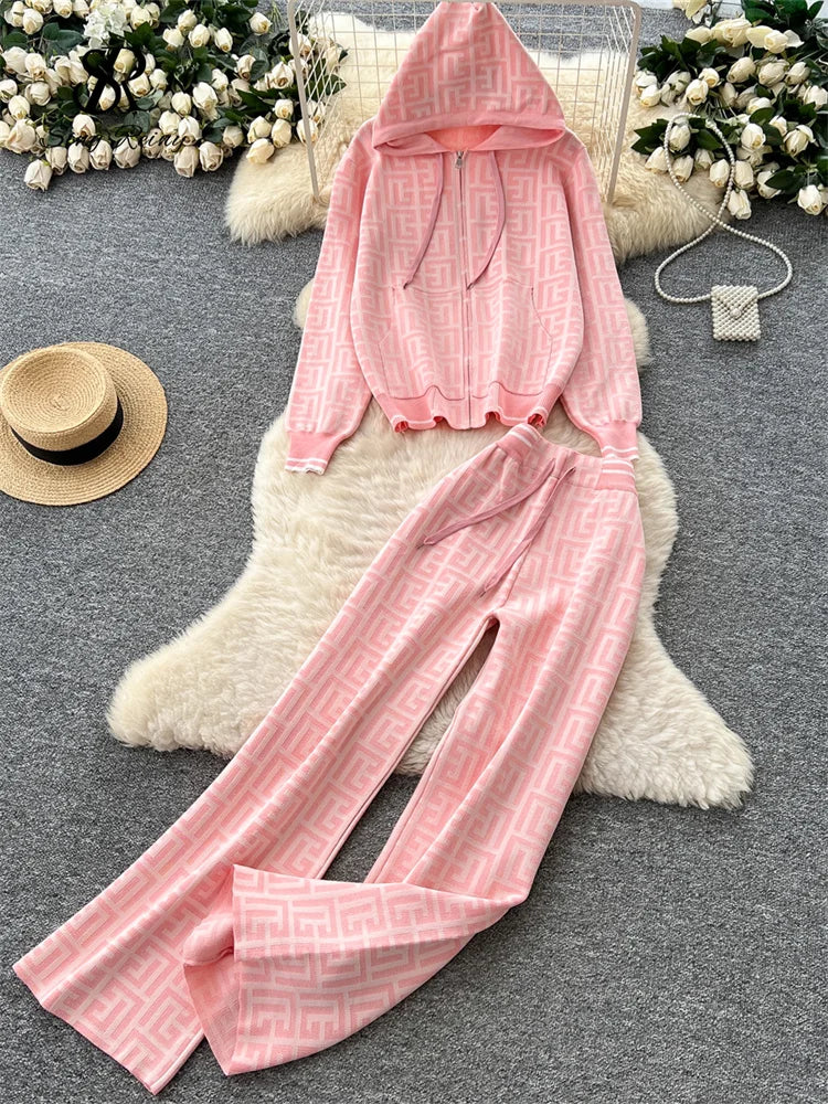 Geometric Print Hooded Knit Two Piece Set for Women