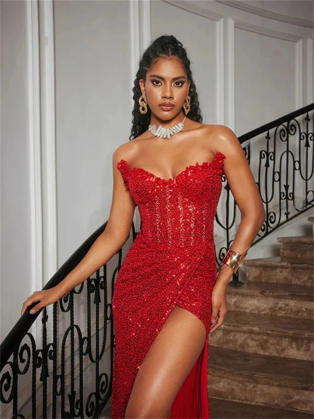 Red Sequin Mermaid Evening With Side Split Dress for Women