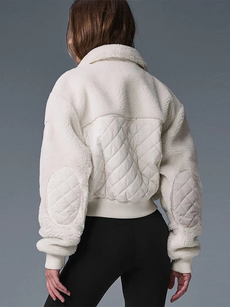 Elegant Lamb Women's Coat Vintage Stand Collar Thicken Full Sleeve Pockets Jacket Female 2025 Autumn Winter Woman Coats Outwears