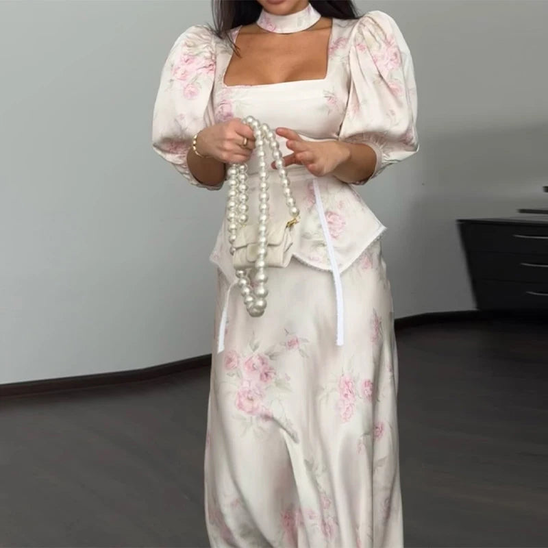 Floral Print Slim Top and Ruffle Skirt Set for Women