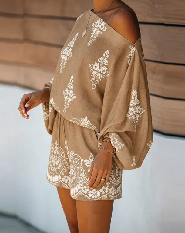 Vintage Floral Off Shoulder Top and Shorts Set for Women