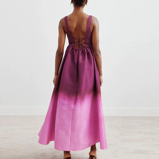 2025 Fashion Gradient Print Sleeveless Beach Dress Sexy Wrap Chest Women's Party Dress Strap Backless Hollow Out Holiday Dress