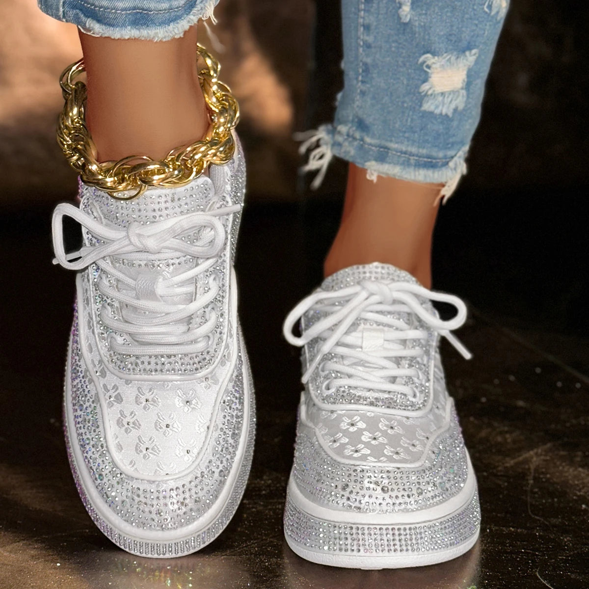 Elegant Pink Crystal Flower Lace Up Casual Flats for Women