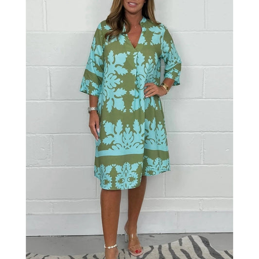 Summer Floral Dress for Women V Neck Three Quarter Sleeve A-Line Loose Midi Dress for Party Evening Gown Vestidos Elegantes