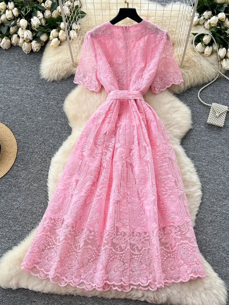 Elegant Lace Embroidery A Line Midi Dress for Women