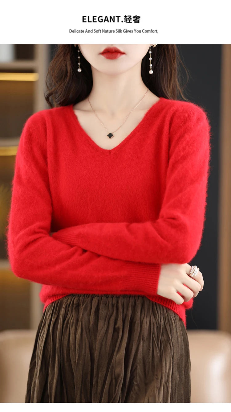 Soft Warm Loose Fit V Neck Cashmere Sweater for Women